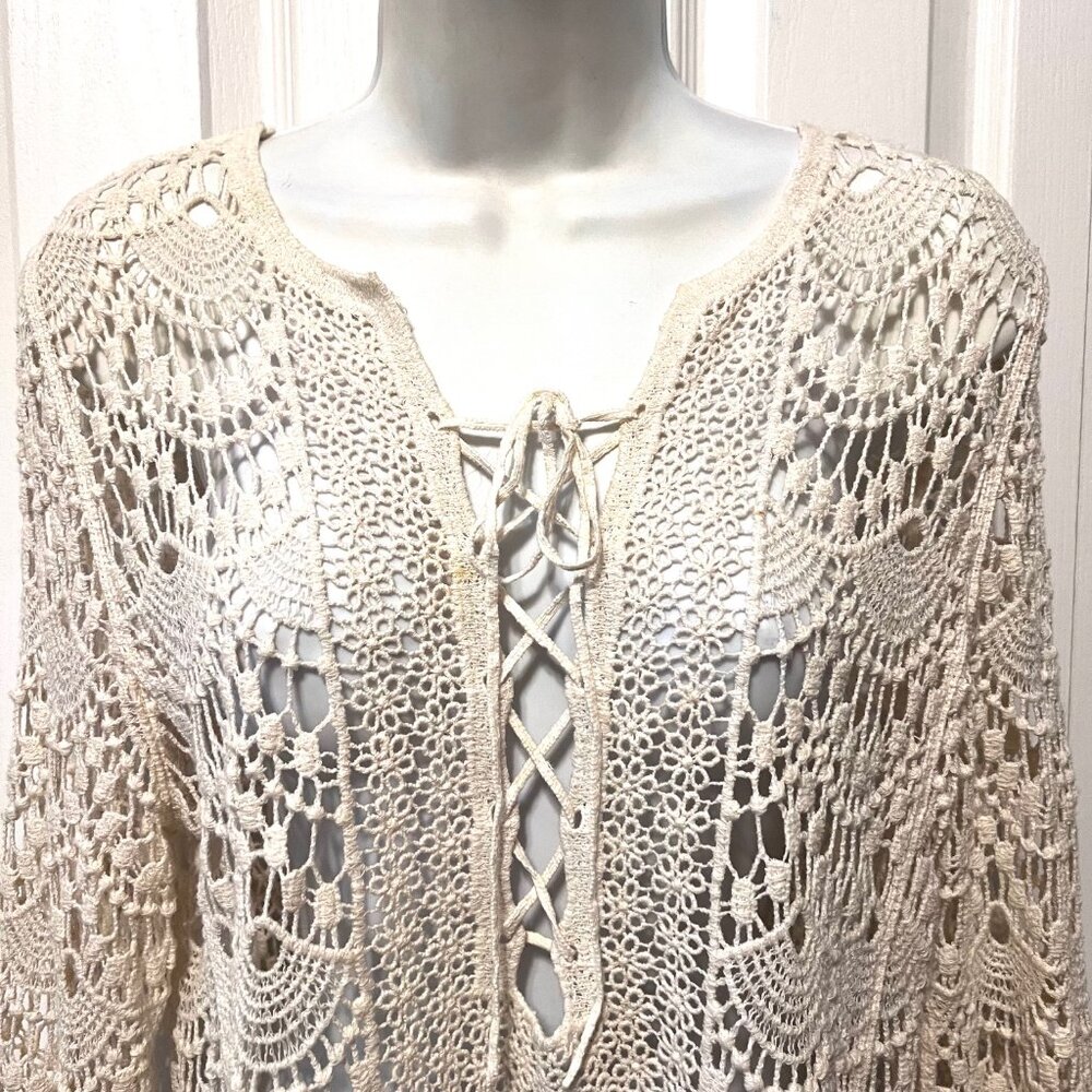 Forgotten Grace-100% Cotton Women's Boho/Hippie Top-Cream-Med-Lace Up-Lace Scall - Picture 3 of 12